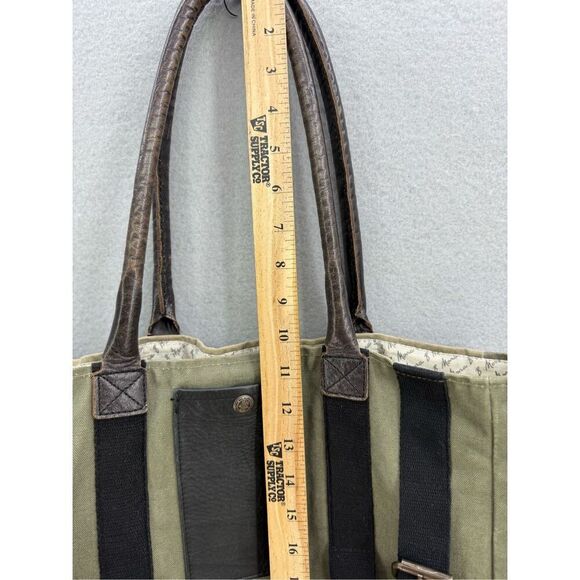 Mona B Womens Khaki Green Leather Upcycled Strapped Canvas USA Tote Bag - Picture 4 of 11